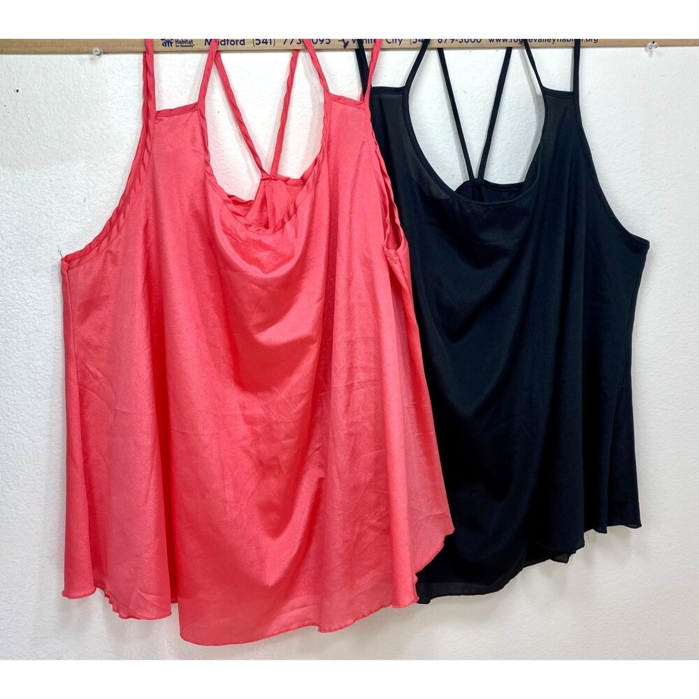 Two Silky Satin 6XL Tank Tops Black and Coral Oversize Strappy Layering Feminine